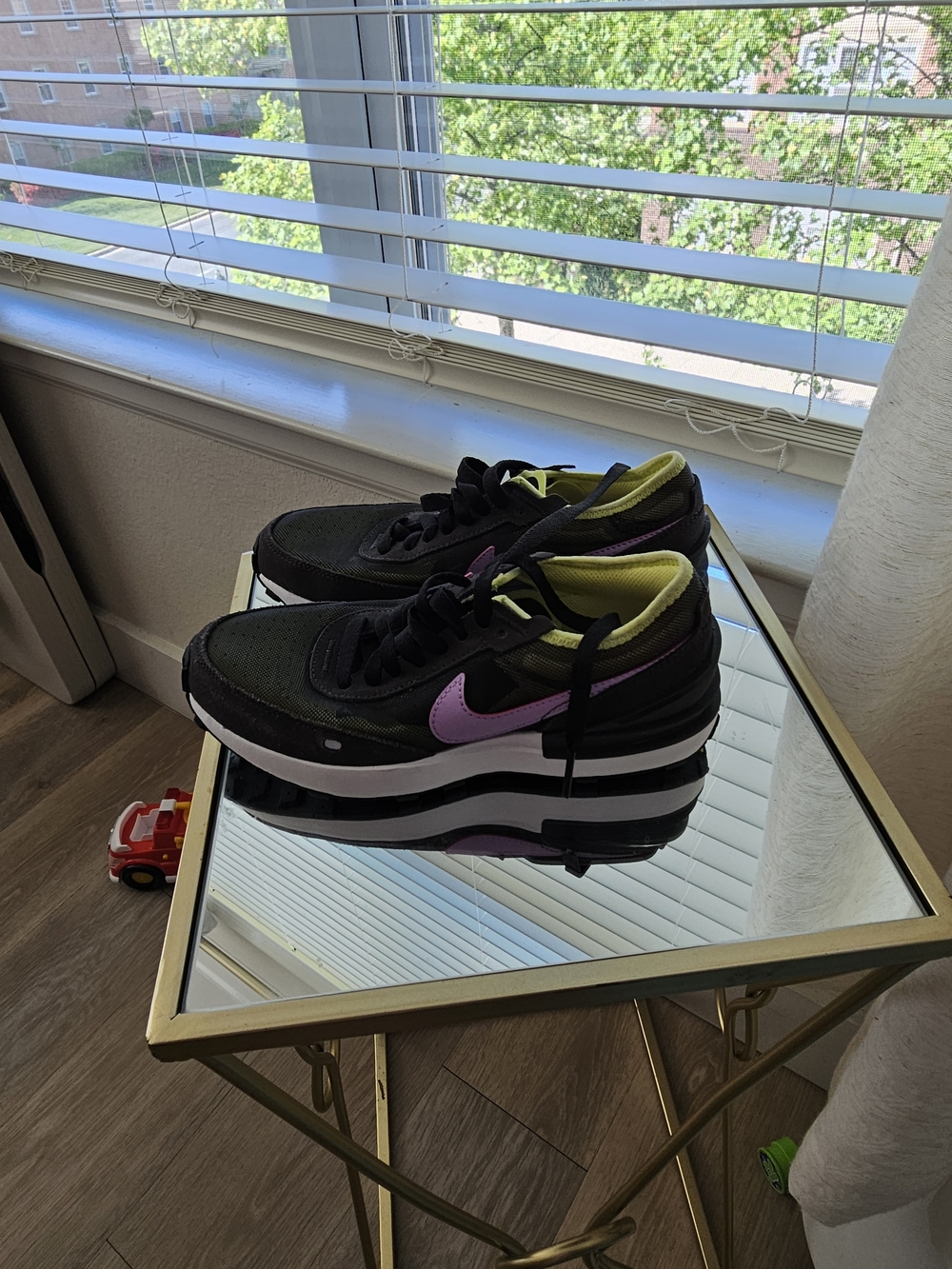 Nike  Black Sneakers with Pink Swoosh and Yellow Lining ( Girl )